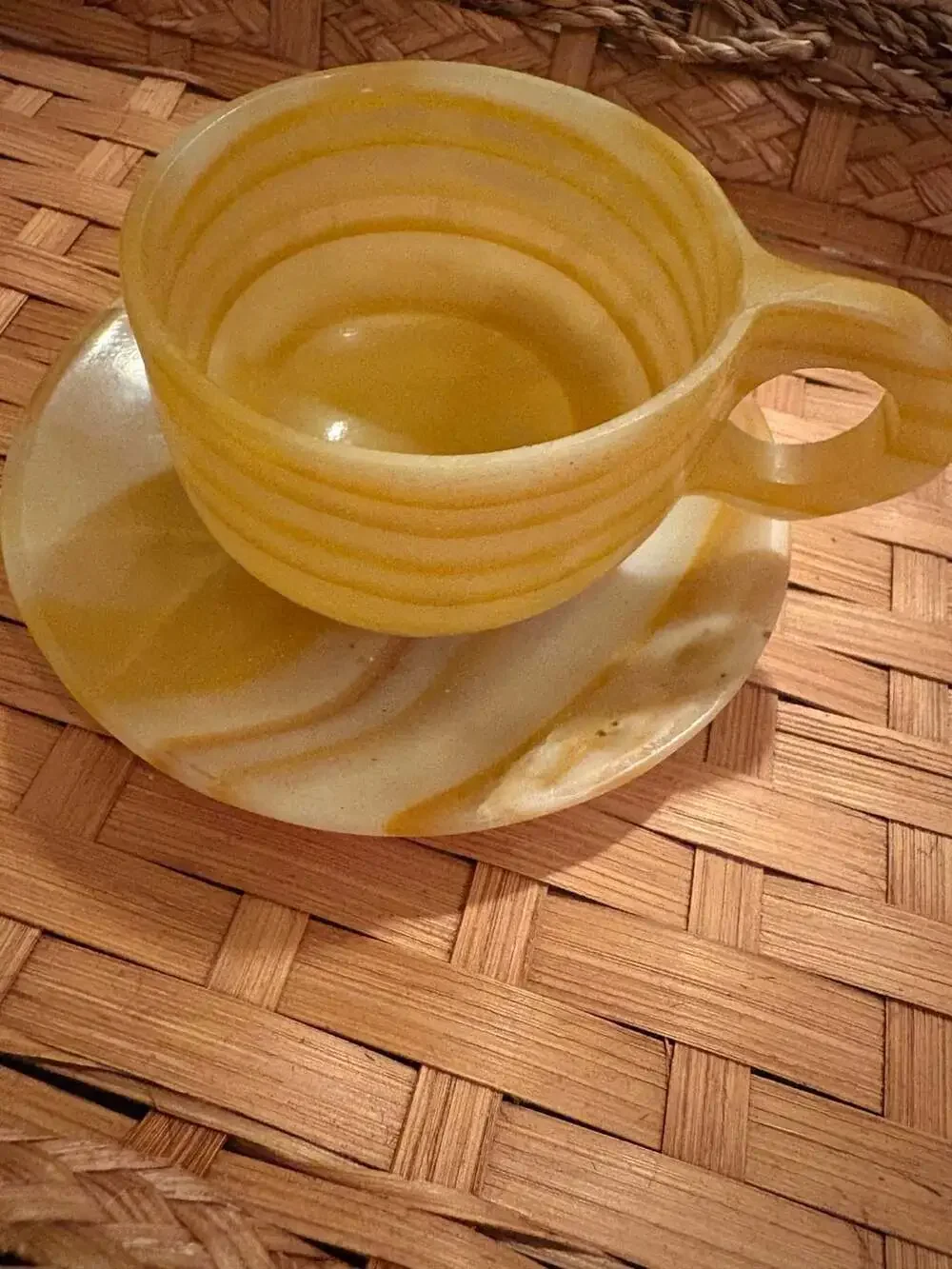 Vintage Yellow Swirl Alabaster Stone Handled Teacup and Saucer Set